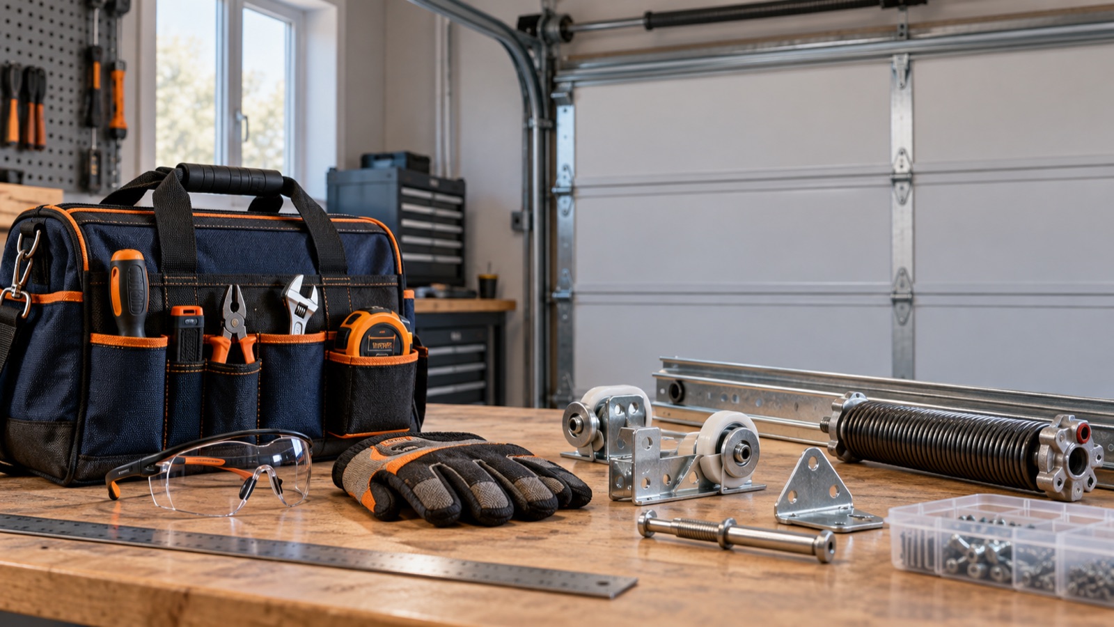 Professional garage door service tools in an organized work setting