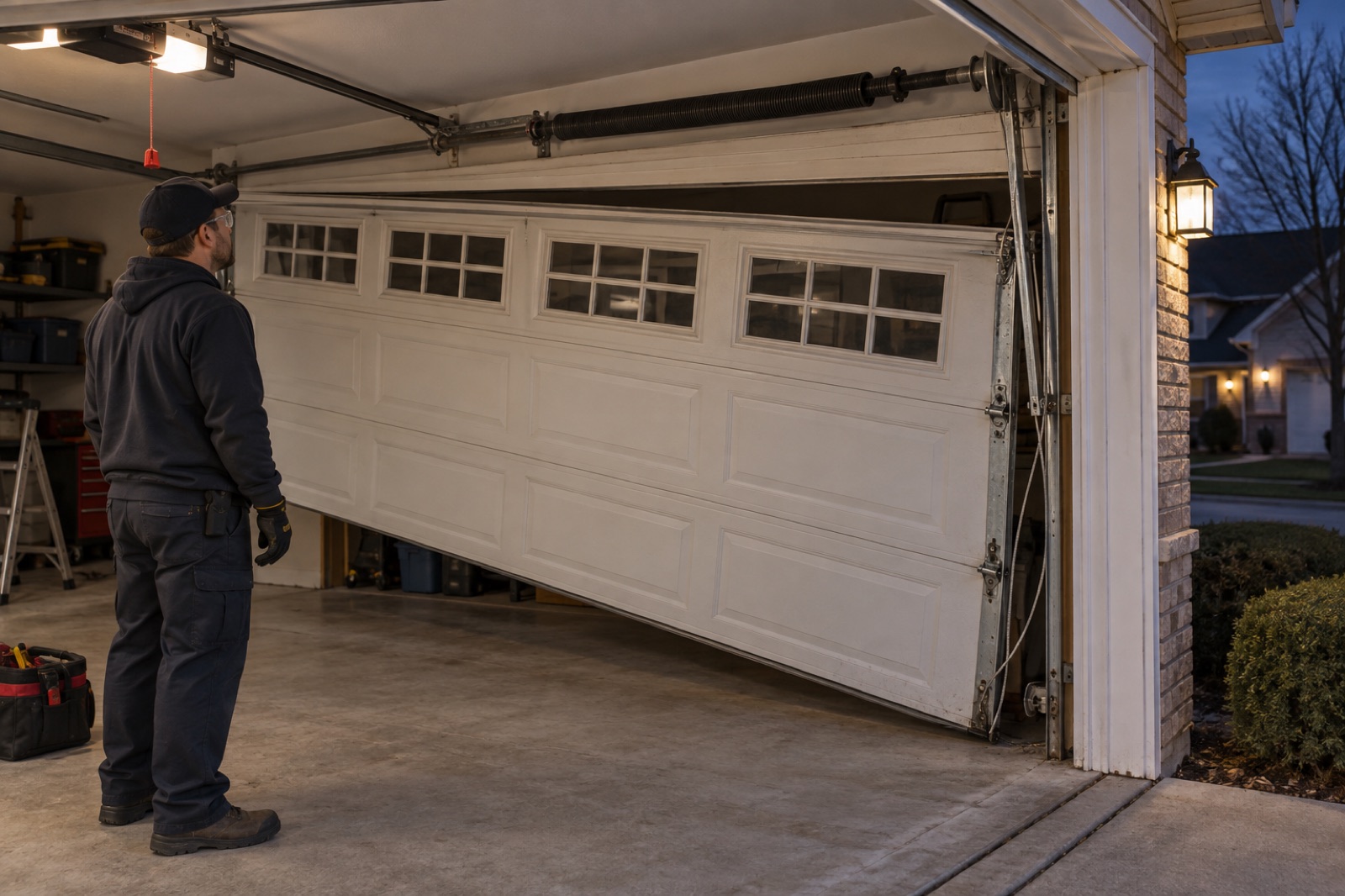 Crooked garage door secured for professional emergency repair