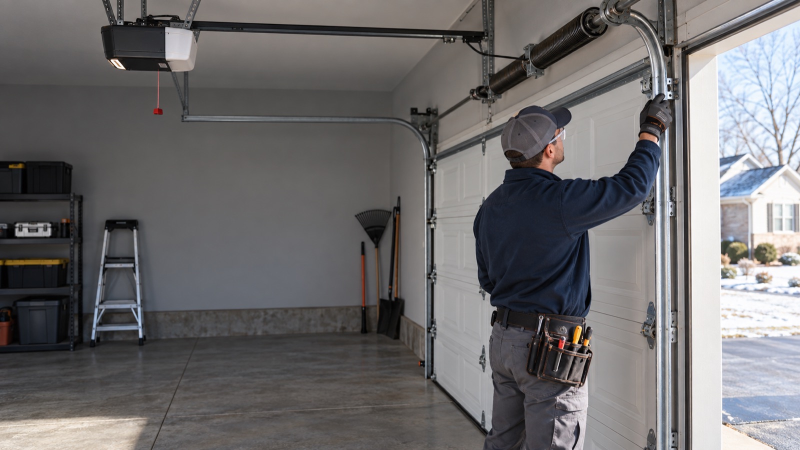 Garage door system being professionally inspected